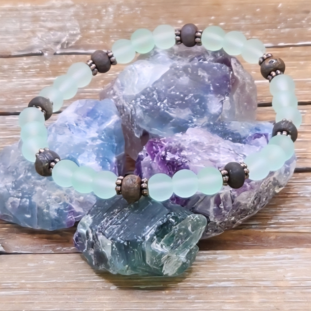 Light Sage Cultured Sea Glass, Toffee Bronzite and Copper Beaded Bracelet